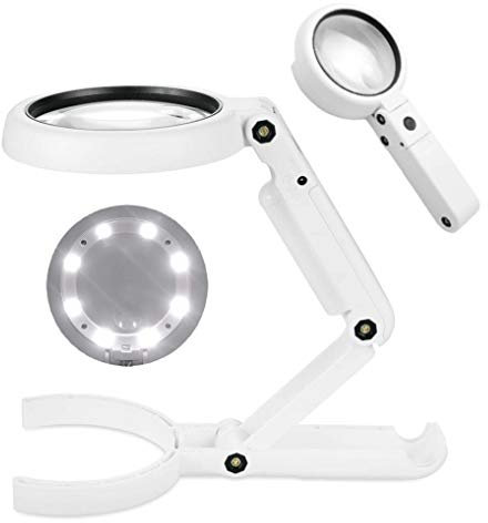 GuDoQi Lente Ingrandimento con Luce, da Tavolo e da Mano 2 in 1, 5X 11X Lente Ingrandimento Professionale, 8 LED, Maniglia Pieghevole, Ingranditore Portatile per Lettura, Ricamo, Riparazioni