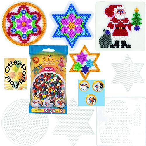 HHO HAMA Stiftplatten-Set midi Weihnachten Nikolaus Weihnachtsmann + Stern klein + groß + Kreis + 1000 Bügelperlen