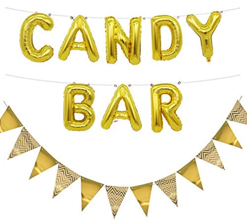 Ouceanwin Candy Bar Gold Dekoration Set, Folienballon Candy Bar Buchstaben Luftballons und 12pcs Glitter Wimpel Girlande Banner für Hochzeit Party Weihnachten Geburtstag Deco Event Supplies