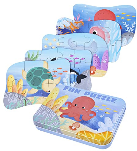 BBLIKE Puzzle per bambini, puzzle con motivo animali marini, 5 puzzle con immagini, adatto per bambini e bambine a partire dai 3, 4, 5 anni
