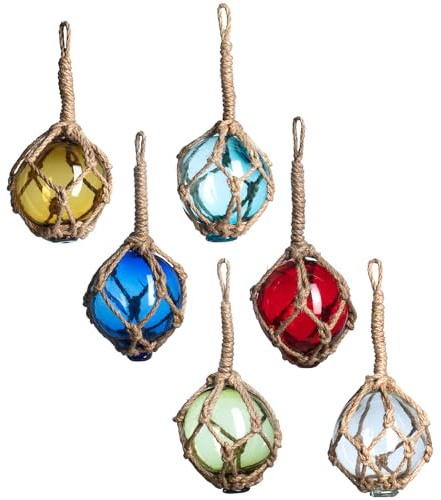 Nautical Crush Trading Galleggianti da pesca giapponesi in vetro, 7,6 cm, multicolore, confezione da 6, boe in vetro con corda, decorazione nautica per la casa