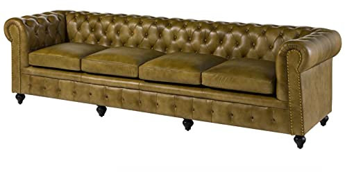 MASSIVMOEBEL24.DE | Chesterfield Sofa 4-Sitzer aus Echtleder #304 | aus echtem Büffel-Leder - Grün | 274x82x75 cm | mit Nieten | Couch Polstercouch 4er Sitzer