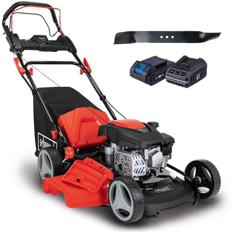 Scheppach MS150-46E Benzin Rasenmäher mit E-Start | 46cm Schnittbreite | Reinigungsfunktion | 55L Korb | Stahlgehäuse | 7-fache Höhenverstellung | Mulchen | Antrieb Seitenauswurf | inkl. Ersatzmesser