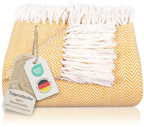 Gräfenstayn Premium överkast med fransar – 100 % bomull – 180 x 240 cm – fiskbensmönster sommarfilt – bomullsfilt som sängskydd, sofföverkast, soffskydd (gul)