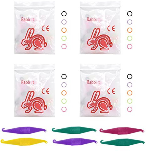 MIBICIRI Orthodontic Elastic Rubber Bands and Placers, 400 Pcs Multicolor Dental Rubber Traction Bands, 6Pcs Elastic Placer for Braces Teeth Gap, etc (3/16,Rabbit)