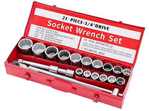 KATSU 3/4 Steckschlüsselsatz 21 Stück, 19-50mm Metrischer 12-Punkt-Antrieb mit 24-Zähne-Ratschenschlüssel im Stahlgehäuse, Mechaniker-Werkzeugsatz Autoreparatur (Budget)