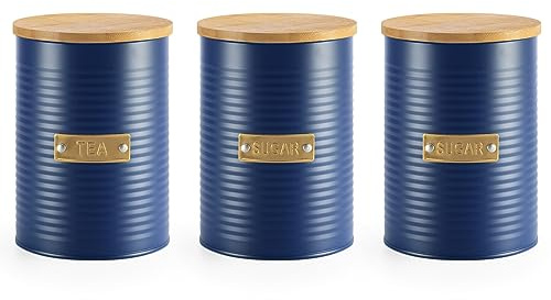 EHC Set of 3 Tea, Coffee & Sugar Airtight Kitchen Storage Canister Jars Containers, Navy Blue, 1L