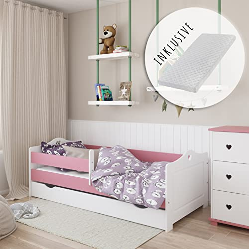 Kids Collective Kinderbett 80x160 | 80x180 | 90x200 cm mit Matratze, Rausfallschutz, Schublade & Lattenrost in weiß und rosa 80x180 cm Mädchen Bett Skandi Herz | von 3. bis 12. Lebensjahr