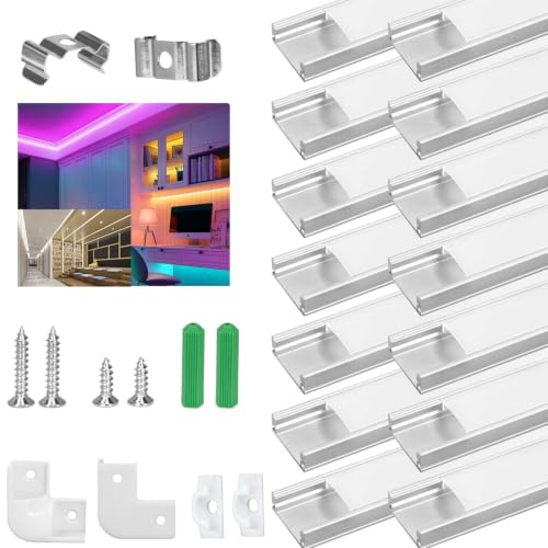LED Aluminum Profile U-Shape 14x1m, Led Channel with Cover, Led Aluminum Channel and Diffuser for Led Strip Lights with Milky White Cover, End Caps and Metal Mounting Clips (14×1M-U, Silver)