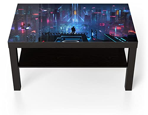 DEQORI Glastisch | schwarz groß 90x50 cm | Motiv Cyberpunk Stadt bei Nacht | ausgefallener Beistelltisch aus Glas | Hochglanz Couchtisch fürs Wohnzimmer | moderner Couch Tisch mit Design