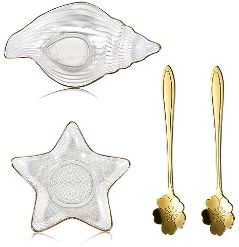 soulnioi 2Pcs Glass Crystal Fruit Bowls Starfish Snack Dip Sauce Dishes Bowls Conch Salad Bowl Dessert Bowl Multipurpose Bowl Decorative Bowl with Sakura Coffee Spoon for Home Wedding Party