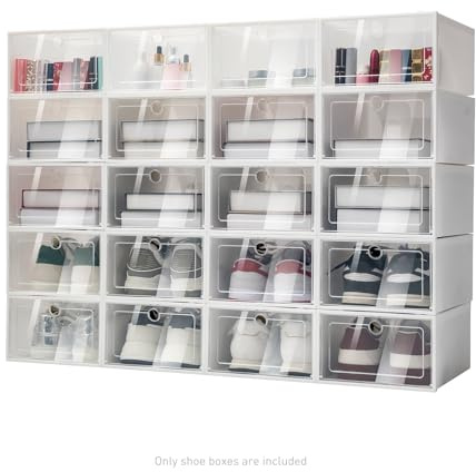 Schuhboxen Kunststoff Schuhbox Aufbewahrungsboxen für Schuhe Faltbar und Stapelbarer Schuhorganizer Schuhaufbewahrung für Schuhe bis Größe 47, Transparent-Weiß-33 x 23 x 14 cm (20er Set) (20er Set)