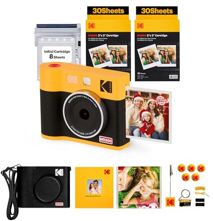 KODAK Mini Shot 3 Era 4PASS 2-in-1 Fotocamera Istantanea & Stampante Fotografica (7.6x7.6cm) (Fotocamera Instantanea + 8 Fogli inclusi + Pacchetto accessori e 60 Fogli, Giallo)
