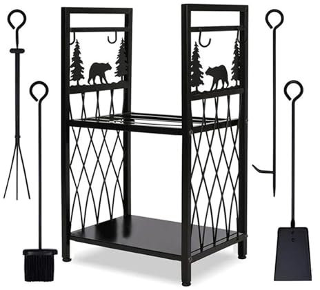 GTPBAO Kaminholzregal Holzwiegen Kaminholzständer mit 4 Kaminbestecken, 45×33×77cm, Schmiedeeiserne Brennholzhalter für Holzöfen Im Innenbereich, Kamin Im Freien