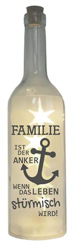 WB wohn trends LED-Flasche mit Motiv, Familie ist der Anker, grau, 29cm, Flaschen-Licht Glitzer-Flasche Leuchtflasche Lampe mit Text Spruch