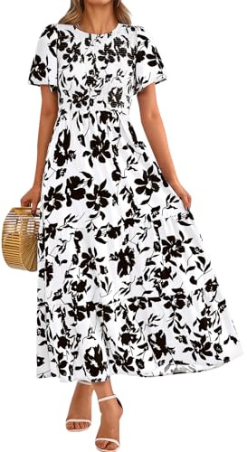 PRETTYGARDEN Women's Spring Casual Flutter Short Sleeve Boho Floral Maxi Dress Crew Neck Smocked Tiered Long Dresses (Black Flower, X-Large)