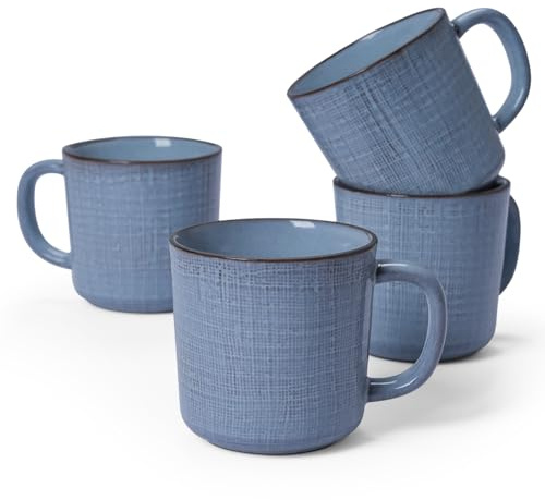famiware Moonlight Coffee Mug Set of 4, 13oz Mug Set with Linen Finish, Coffee Cup Set with Handle for Latte, Cappuccino, Tea, Hot Cocoa, Microwave and Dishwasher Safe, Blue