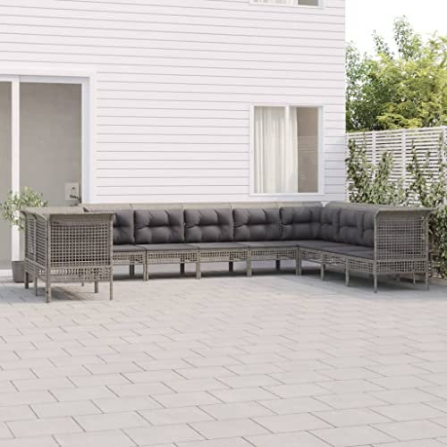 QZZCED Terrassengarnitur Balkonmöbel-Set Garten-Loungemöbel Gartenmöbel-Sets 10-TLG. Garten-Lounge-Set mit Kissen Grau Poly Rattan für Garten, Terrasse und Balkon