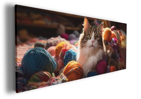 Wallario XXL Leinwandbild Katze in einem Berg von Wollknäuel - Wandbild 60 x 150 cm Brillante lichtechte Farben, hochauflösend, verzugsfrei, Kunstdruck