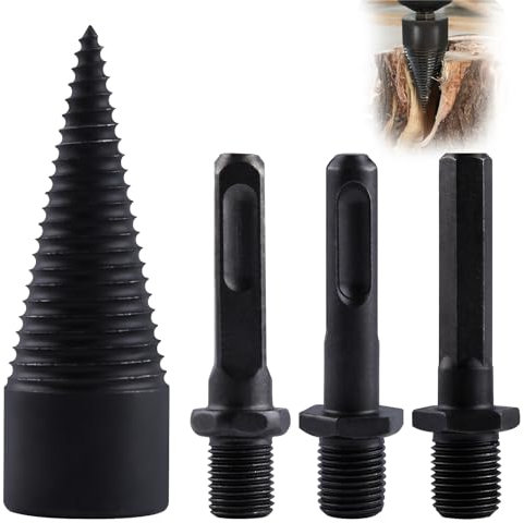 SPEEDWOX 4pcs Firewood Log Splitter Wood Log Splitter Easy Splitter Detachable Drill Bit Heavy Duty Electric Drills Screw Cone Driver Removable 32mm + 3 Handles (Square + Round + Hex Shank)