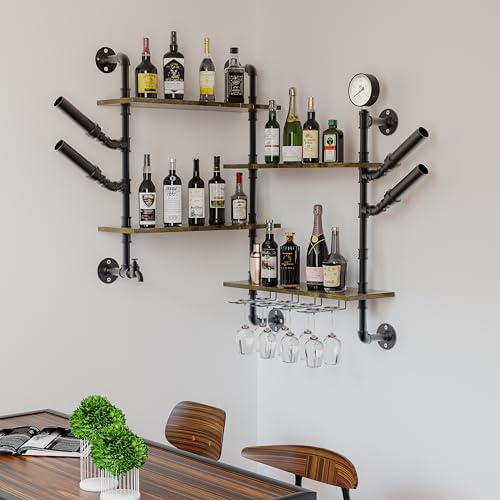 unho Weinregal Wand, Ecke Flaschenregal Weinflaschenhalter mit Ablagen Weingläserhalter, Industrial Design, ideal für Zuhause, Bar, Küche und Restaurant