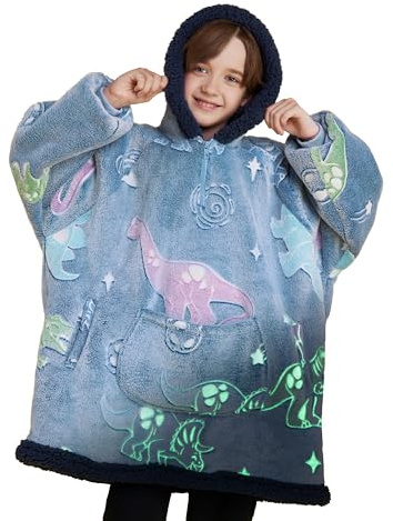 Giggling Getup Tragbare Decke für Mädchen und Jungen, leuchtet im Dunkeln, warm, gemütlich, Sherpa-Fleece, Kapuzendecke, Sweatshirt, übergroßer Hoodie mit riesiger Tasche und Ärmeln, für Kinder