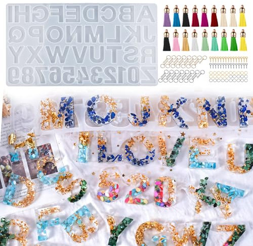 EPODA Alphabet Silikonform Set mit Schmuck Zubehör, Epoxidharz Formen Buchstaben Zahlen, Silikonform Buchstaben Für Schlüsselanhänger, Anhänger, Hängende Ornamente, Schmuck Harz Formen