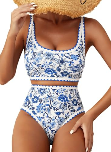 Herseas Women's Bikini Sets Floral Print Whip Stitch 2 Piece Modest Swimsuits High Waisted Scoop Padded Blue Bathing Suits Cute Teens Beach Swimwear 2026 Summer Small