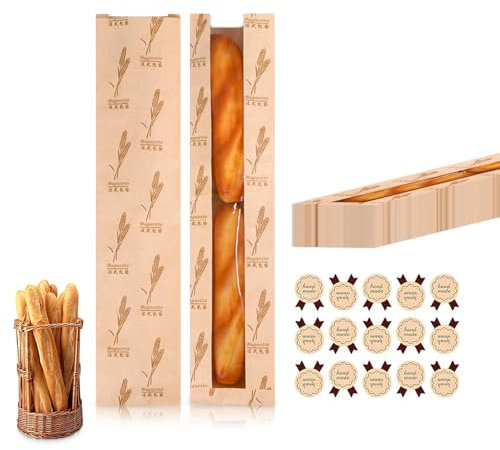 HDFCLUP 100 bolsas de papel para pan con ventana para pan casero, bolsas de papel kraft marrón, bolsas de almacenamiento de pan francés, bolsas largas para pan francés (23.6 x 4.3 x 1.6 pulgadas)