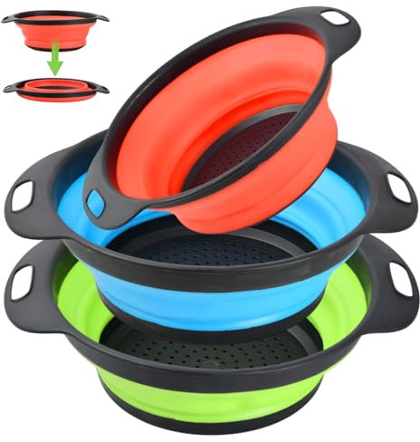 Anseom 3 Piezas Coladores Plegables de Cocina, Cesta de Drenaje Silicona Coladores de silicona plegable Cocina Plegable Escurridor Pasta de Silicona para Drenar Pasta Verduras Frutas