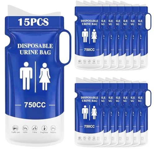 KOMABLEN 15 Pièces Sacs à Urine Jetable, 750ml Urinoir Femme Portable avec Poignée, Portables Sacs à Pot de Chambre Adulte, Sac a Vomi pour Homme Enfant pour Le Camping, Voyages, embouteillages