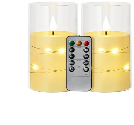 Koelaa Pack de 2 Velas LED sin Llama con Control Remoto y Efecto Llama Realista, Vela LED con Cadena de Luces Incrustadas - Decoración para Hogar, Navidad, Bodas, Fiestas y Mesas (Blanco) - 7,5x12,5cm
