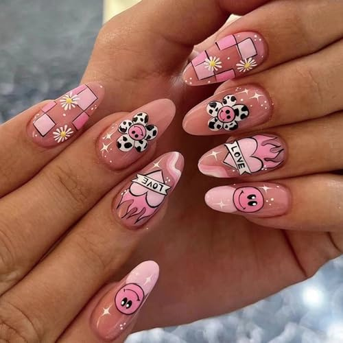 24 PCS Checkerboard Flower Flame Press-on False Nails Wearable Smiley Face Pattern Fake Nails Gifts for Women and Girls (No.20)