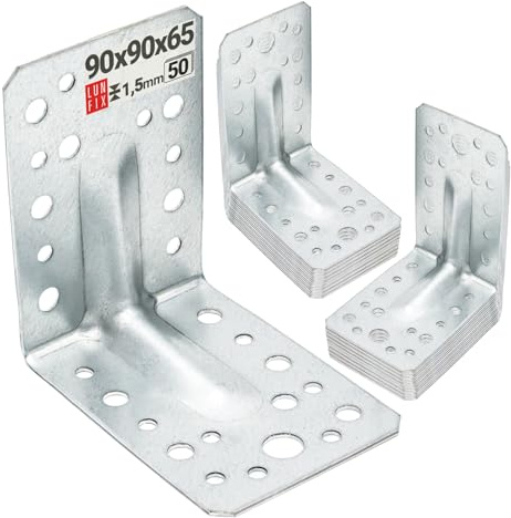 50 Equerre metal renforcées 90x90x65x1,5 mm, fixation meuble | connecteurs bois galvanisés avec nervure, équerre support d'angle droit perforée pour menuiserie, clôture