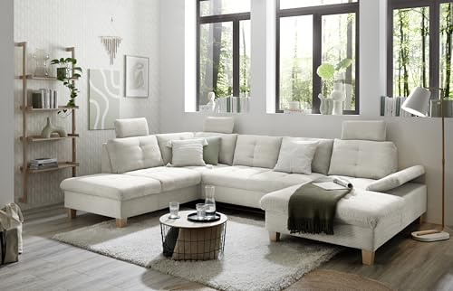Wohnlandschaft Ascot mit Cord-Bezug und Schlaffunktion in Creme, U-Form inkl. Kopfstützen, Bettkasten und Verstellbarer Armlehne - 324 x 107 x 218 cm (B/H/T)