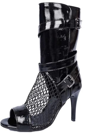 Zapatos de baile sexy para mujer, zapatos de baile abiertos, botines de baile de noche, tacones altos, elegantes sandalias de malla peeptoe peeptoe, sandalias de tacón con cordones para mujer, Negro