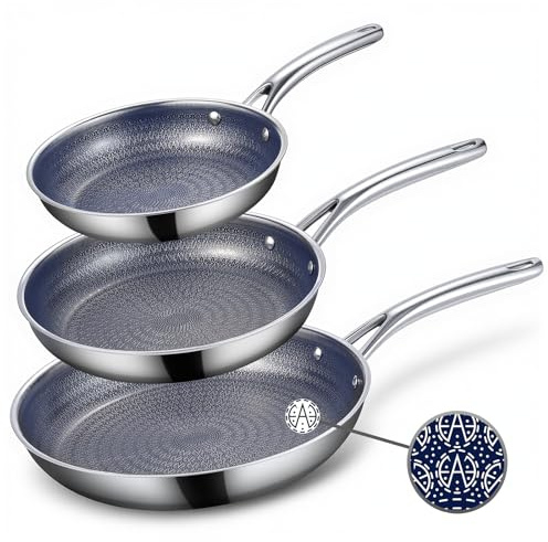 Ammeloo Hybrid Tri-Ply Stainless Steel Frying Pan Set, 8/9.5/11 Cooking Pans, Non Stick Frying Pans and Skillets, Chef Pan, Non Toxic, Dishwasher Safe, Induction Compatible, Blue Interior