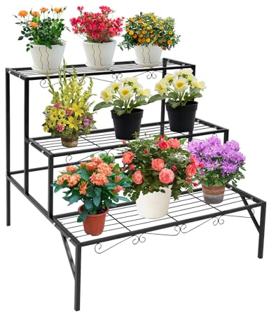 RjcdOPL Support pour Plantes en Métal 3 Niveaux, Étagère Échelle à Fleurs, Charge 20 kg par Niveau, Patins Antidérapants, Présentoir Plantes Pour Balcon, Terrasse, Jardin et Intérieur (Noir)