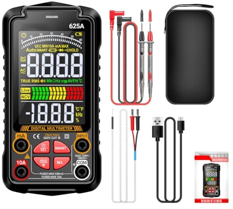 Multimetro digitale intelligente 625A con batteria ricaricabile, tensione 1000 V CC, rilevamento NCV e grande schermo a colori per elettricisti e fai da te