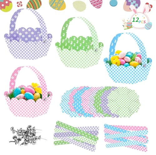 UBJUBT 12 Pack DIY Easter Basket for Kids, Easter Basket Craft Kit, Easter Egg Hunt Baskets with Handle, Paper Crafts Basket Set Stuff Toys Candy Party Favors or Gift