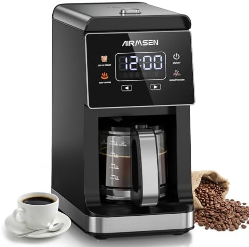 AIRMSEN Grind & Brew Coffee Maker with Built-in Grinder, Programmable Single Serve Coffee Maker - 5 Cup Capacity, 3 Grind Settings, Auto Keep Warm & Glass Carafe for Small Home and Office