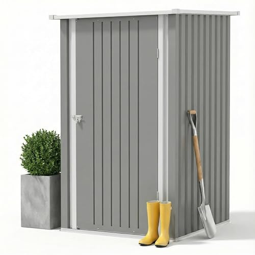 JUMMICO Metall Gerätehaus 1.5m³ Geräteschuppen 95x99x160cm, Kleines Gartenschuppen mit Pultdach und Abschließbarer Drehtür, Gartenhaus für Outdoor, Terrasse, Rasen, Grau