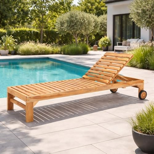 LEBENSwohnART Luka Teak Sonnenliege 200cm mit Rollen – Verstellbar Gartenliege Outdoor aus Massivem Teakholz