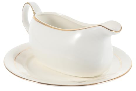 GALPADA Pure White Porcelain Ceramic Gravy Boat with Gold Rim and Handle, Large Steak Sauce Pitcher Tray for Condiments and Broth Serving at Home or Restaurant