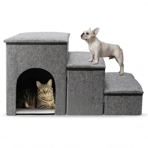 Dog Stair for Small Dogs with Storage, Anti-Slip Pet Steps for Bed Sofa Car | Foldable Pet Stairs, Stable Cat Ramp Up To 165lbs, Built-In Toy Storage Plush Rest Condo,Tool-Free Quick