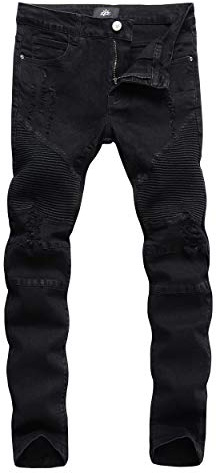 ZLZ Slim Fit Biker Jeans, Men's Super Comfy Stretch Skinny Biker Denim Jeans Pants, Size 32 (Rip-Black)