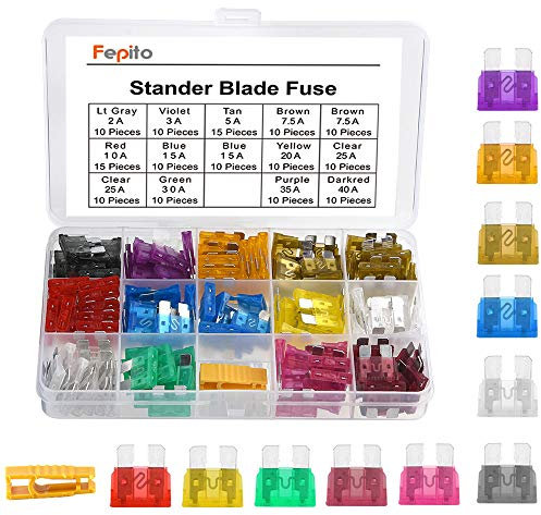 FEPITO 150pcs Standard Car Fuses Assortment Blade Fuse 2A 3A 5A 7.5A 10A 15A 20A 25A 30A 35A 40A for Auto Car Truck with 1 Blade Fuse Extrator and 1 Storage Box