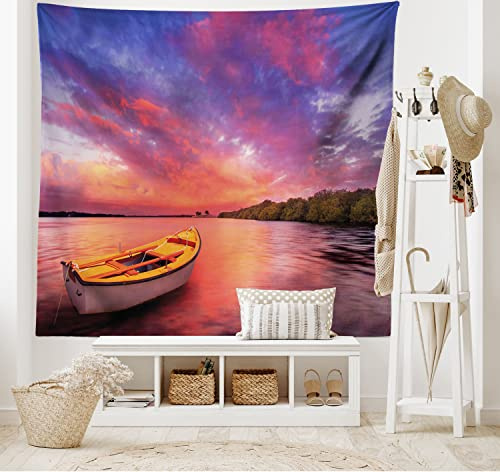 ABAKUHAUS Sonnenuntergang Wandteppich, Meerküste mit einem Ruderboot aus Weiches Mikrofaser Stoff Waschbar ohne Verblassen Digitaldruck, 150 x 110 cm,Pink und lila