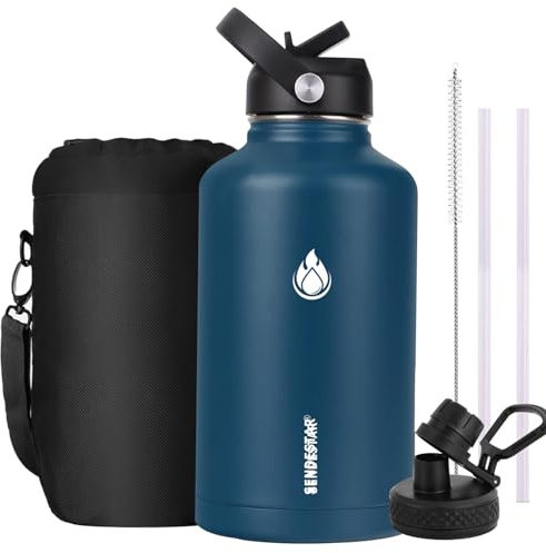 SENDESTAR Stainless Steel Water Bottle 64 oz, 64 oz Water Bottles, Double Wall Vacuum Insulated Leak Proof, Wide Mouth Water bottle with Straw Lid,Spout Lid,Keep Liquids Hot or Cold (64 oz-Cobalt)