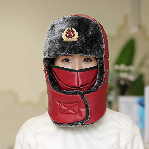 Russen Mütze Herren Russische Trapper Pu Warm Trooper Wintermütze Frauen Männer Bomber Hüte Plüsch Ohrenklappen Atmungsaktiver Hals Waterproof-Red_Badge